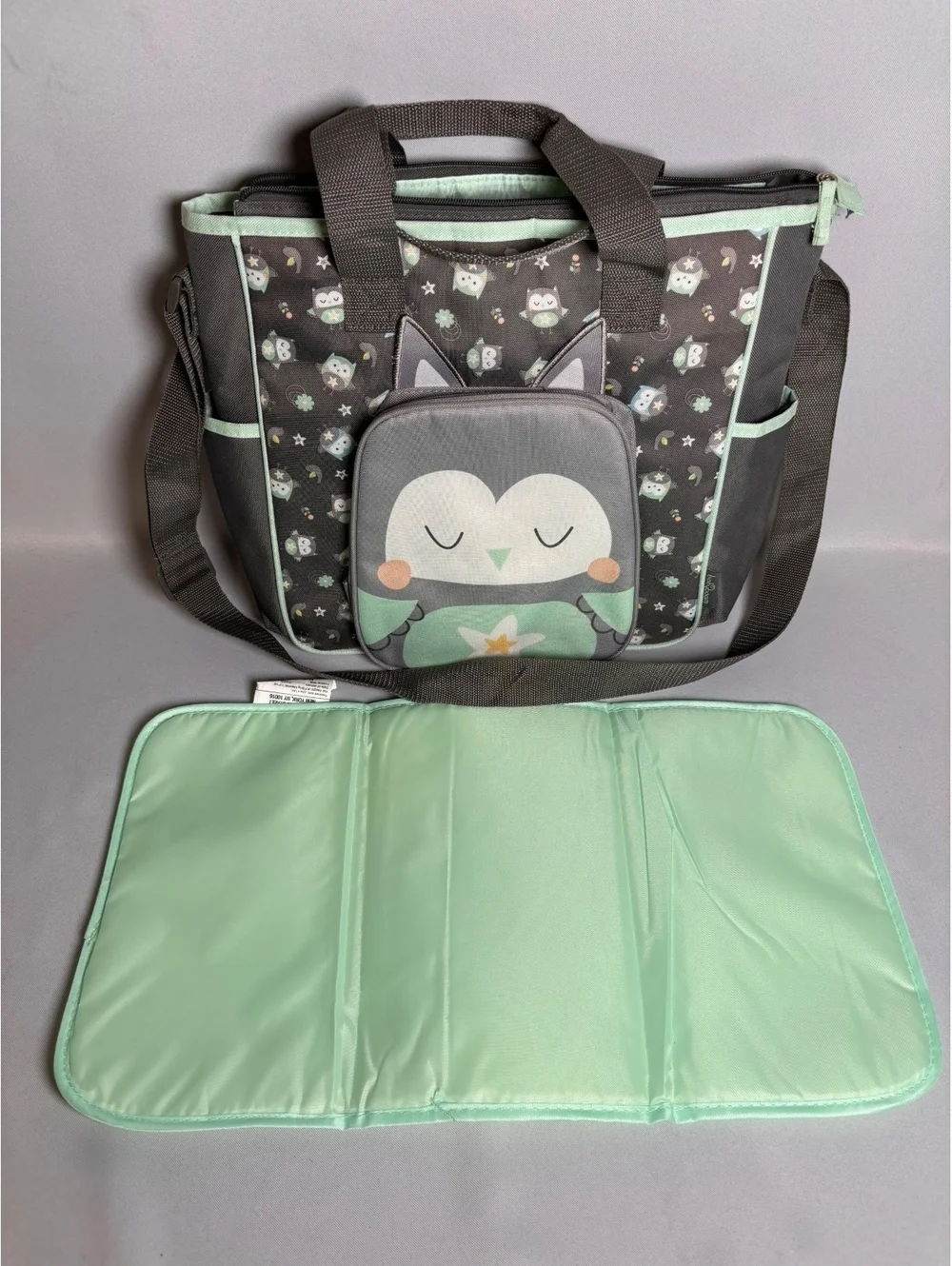 Baby Boom Gray and Mint Owl Print Diaper Bag with Changing Pad